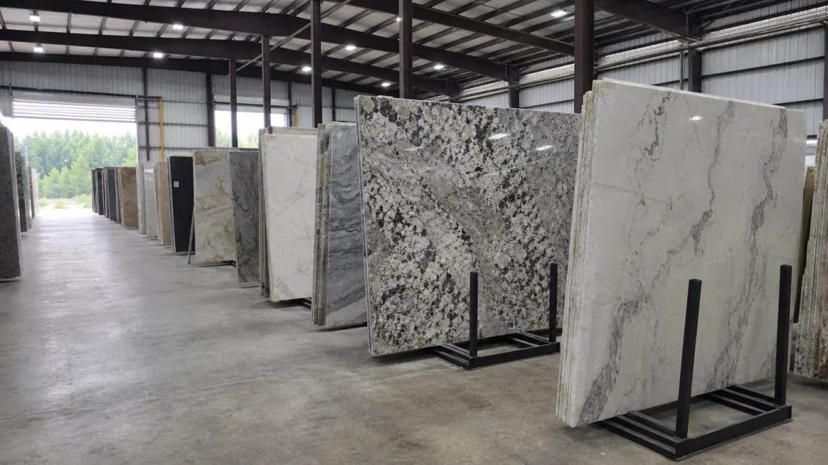 Polished stone slabs standing on A-frame racks in a fabrication yard warehouse