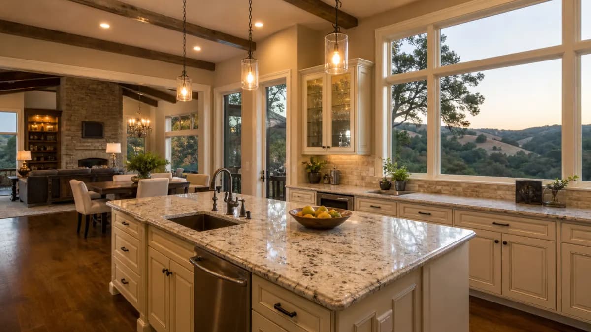 Large kitchen with a granite island and windows looking out to oak-dotted foothills