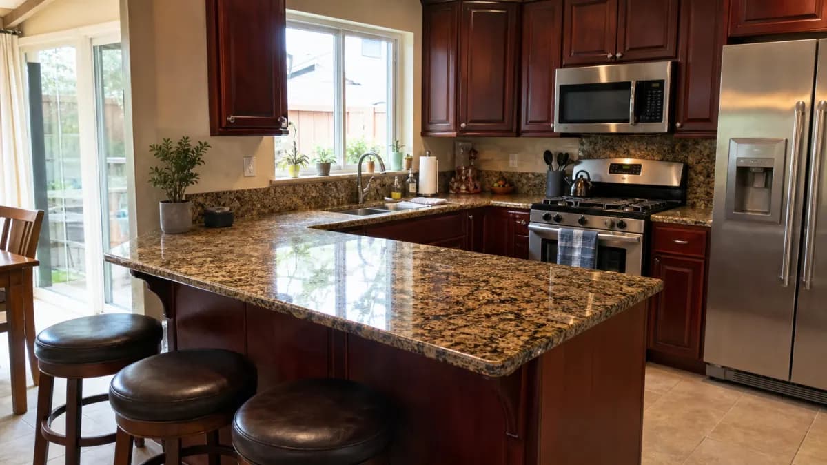 Polished speckled brown and black granite countertops on a kitchen peninsula with cherry cabinets
