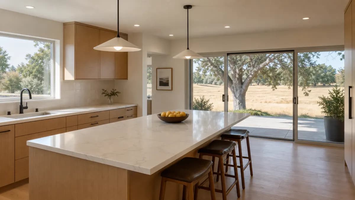Remodeled ranch-home kitchen with a white quartz island with soft gray veining, light oak cabinets and sliding doors to a backyard with a valley oak and dry grass