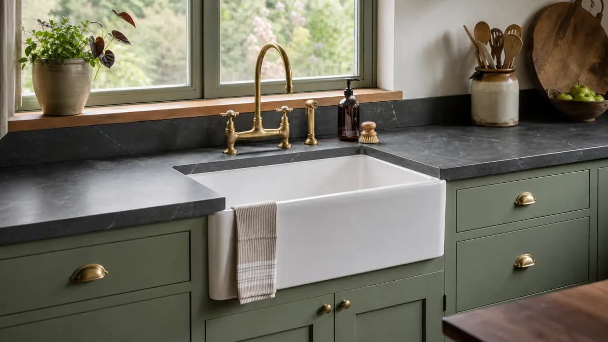 Dark charcoal-gray soapstone countertops around a white apron-front farmhouse sink