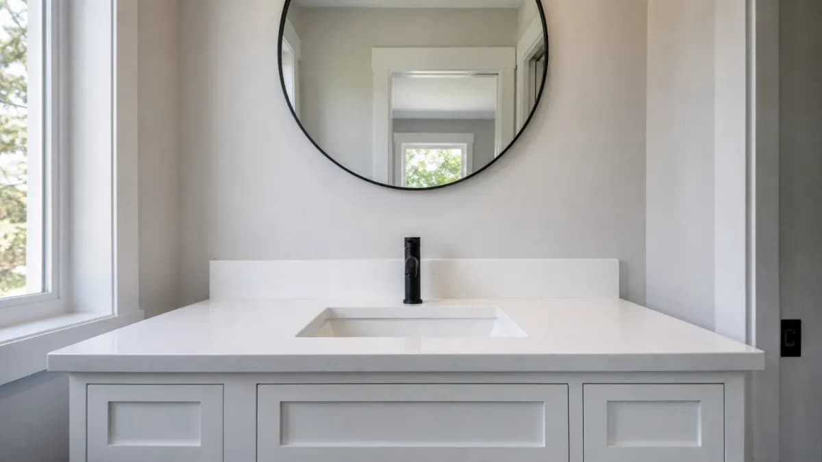Bathroom vanity with a quartz countertop and an undermount rectangular sink
