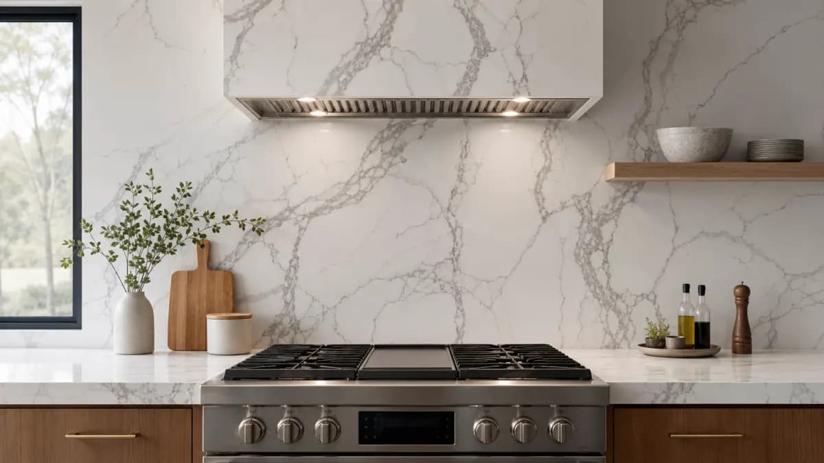 Full-height stone slab backsplash running behind a kitchen range