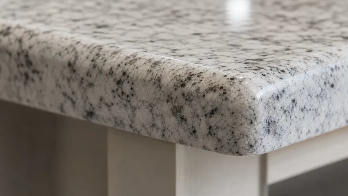 Close-up of a polished stone countertop edge with a softly rounded eased profile