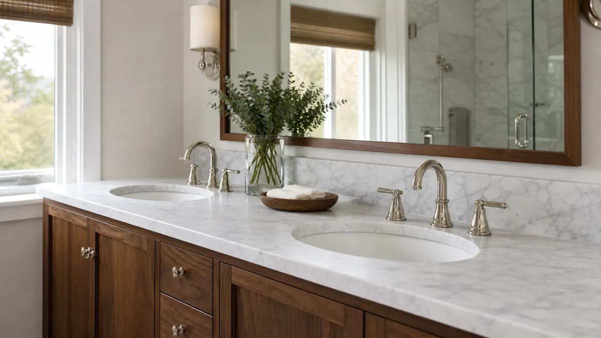 Bathroom vanity topped with white Carrara-style marble with gray veining and two undermount sinks