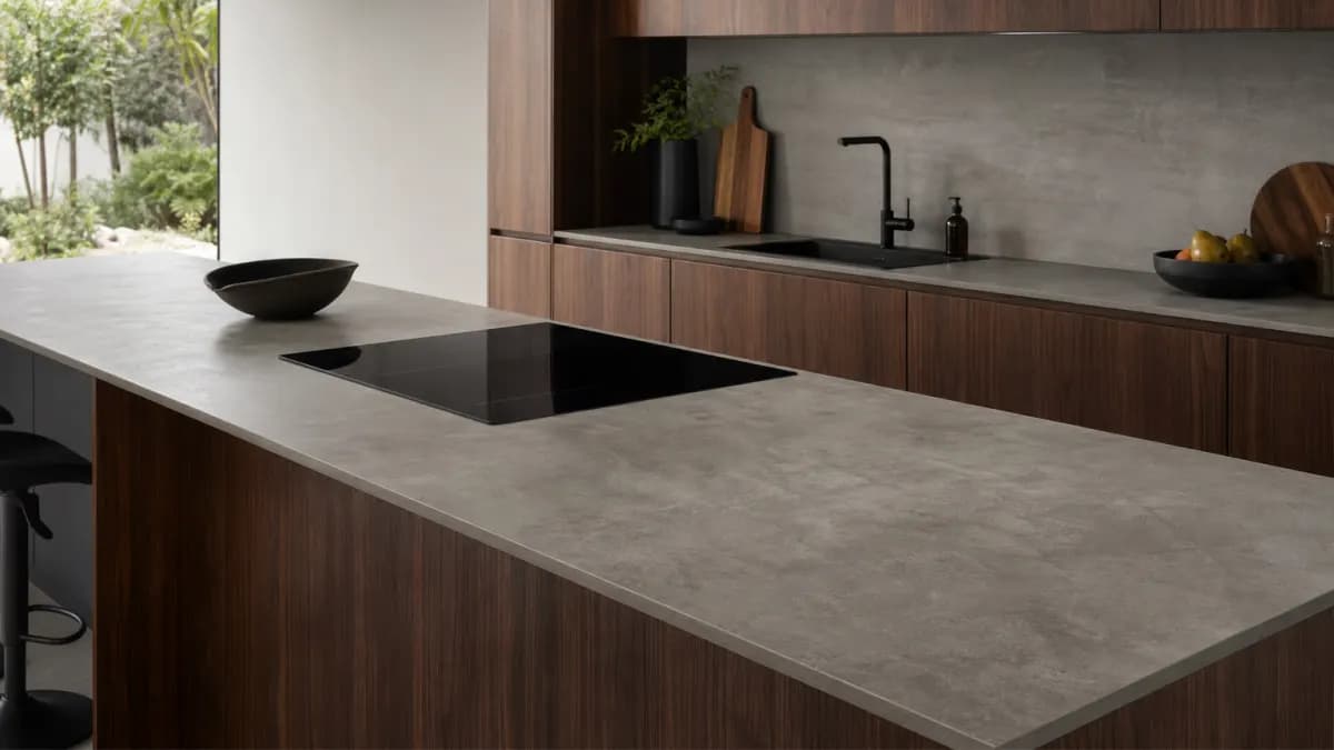 Modern kitchen with a large-format concrete-look porcelain slab countertop
