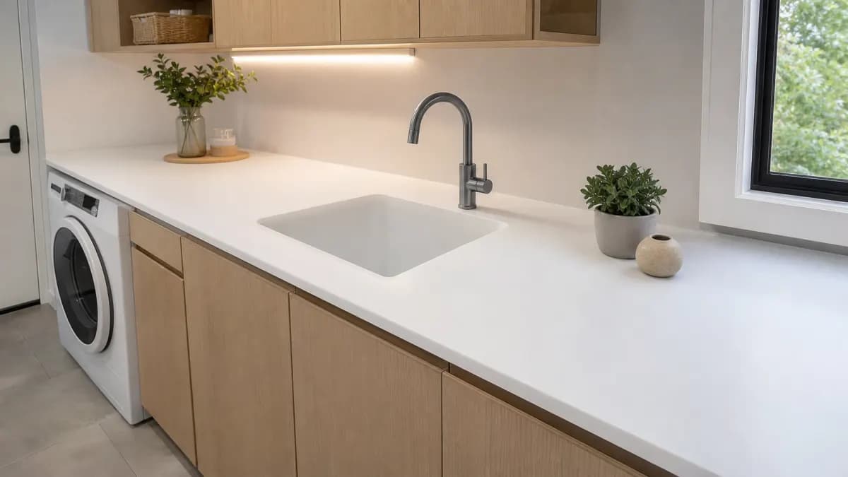 Seamless matte white solid-surface countertop with an integrated sink molded from the same material